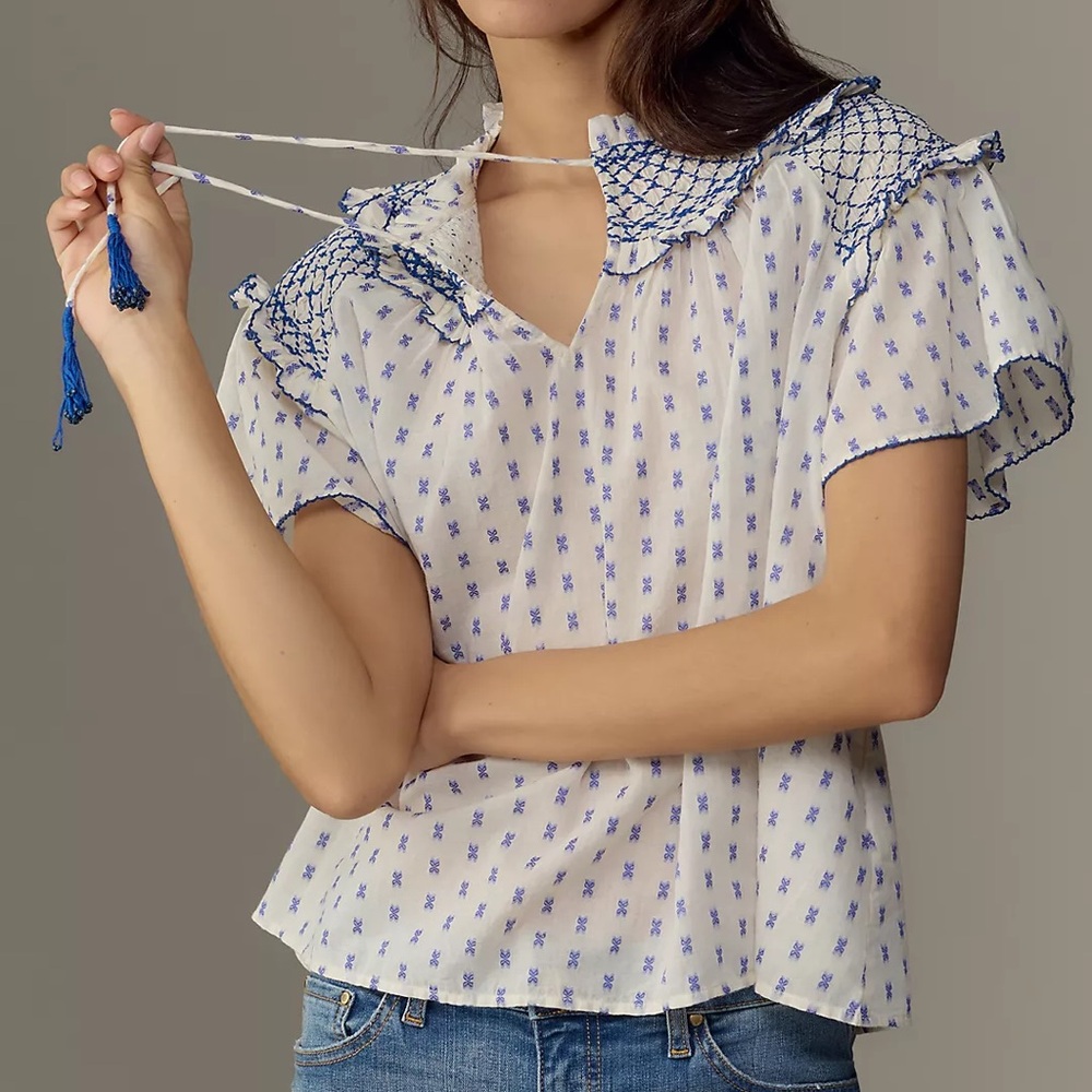 Pilcro Blue and White Short-Sleeve Smocked Clip Dot Cottagecore Boho Blouse Top
